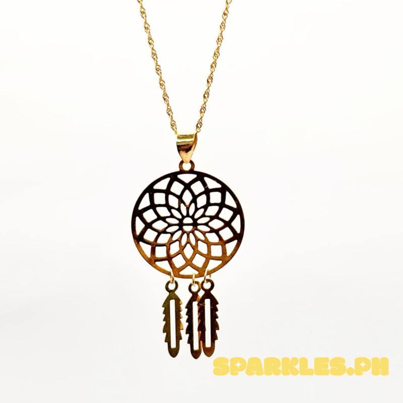 18k Saudi Gold Set Dream Catcher Pendant + Rope Chain 18”