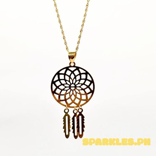 18k Saudi Gold Set Dream Catcher Pendant + Rope Chain 18”