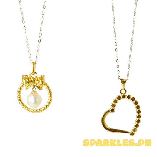 18k Saudi Gold Combo Sets Ribbon Pearl HOLLOW + Tauco Chain lv1 & Bubble Heart + Tauco Chain lv1