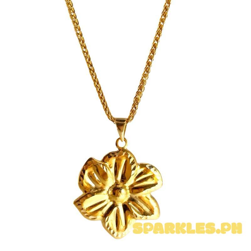 18k Saudi Gold Set Blossom Pendant + Foxtail Chain Makapal 18”