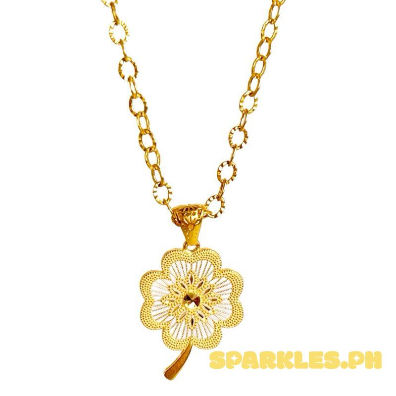 18k Saudi Gold Set Flower Drops + Diacut Circle Chain 18”
