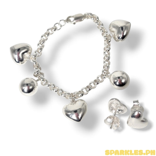 92.5 Sterling Silver - Heart Ball Bracelet + 92.5 Sterling Silver - Plain Heart Stud Earrings
