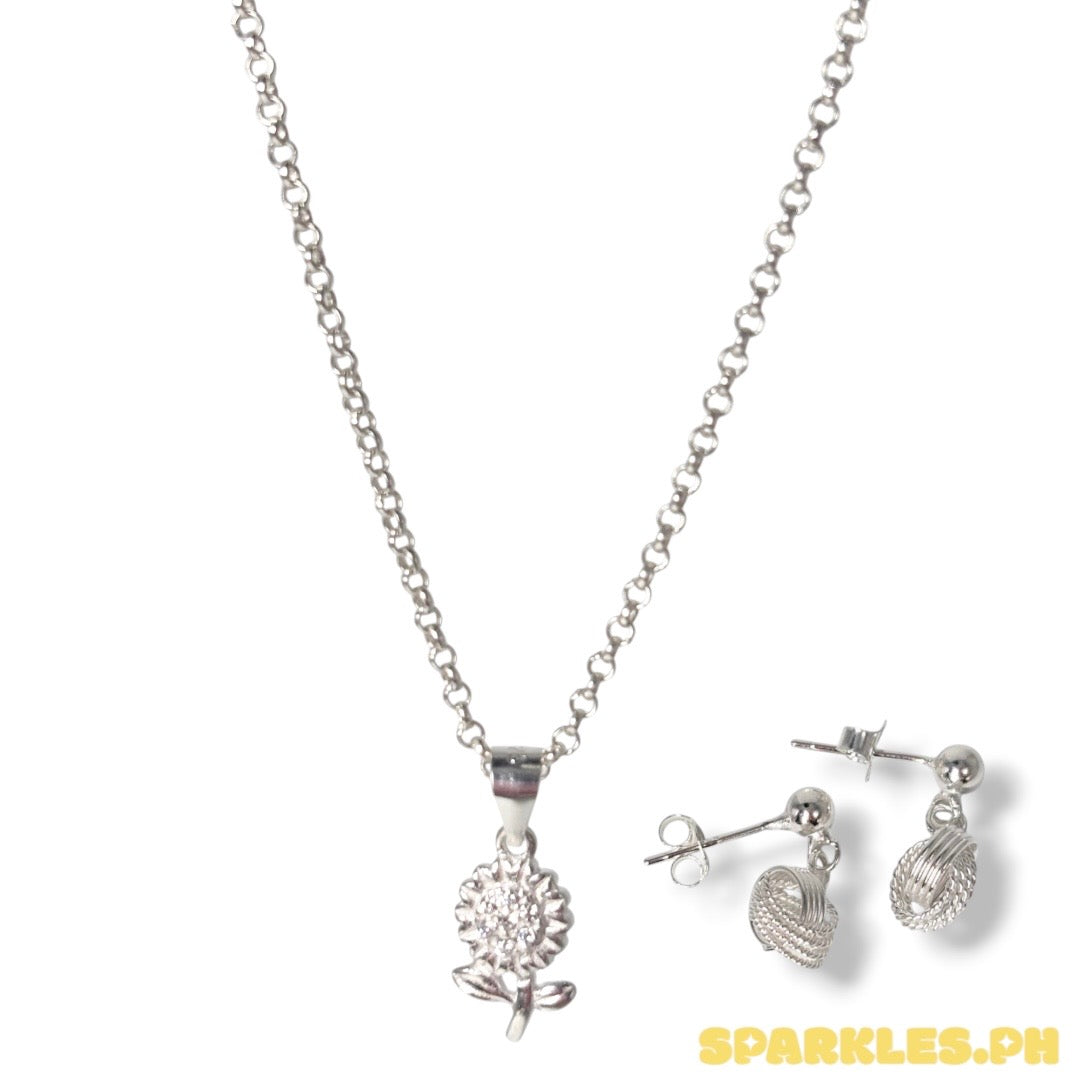 92.5 Sterling Silver - Tauco Chain Level 4 + 92.5 Sterling Silver - Sunflower Pendant + 92.5 Sterling Silver - Double Loop Earring