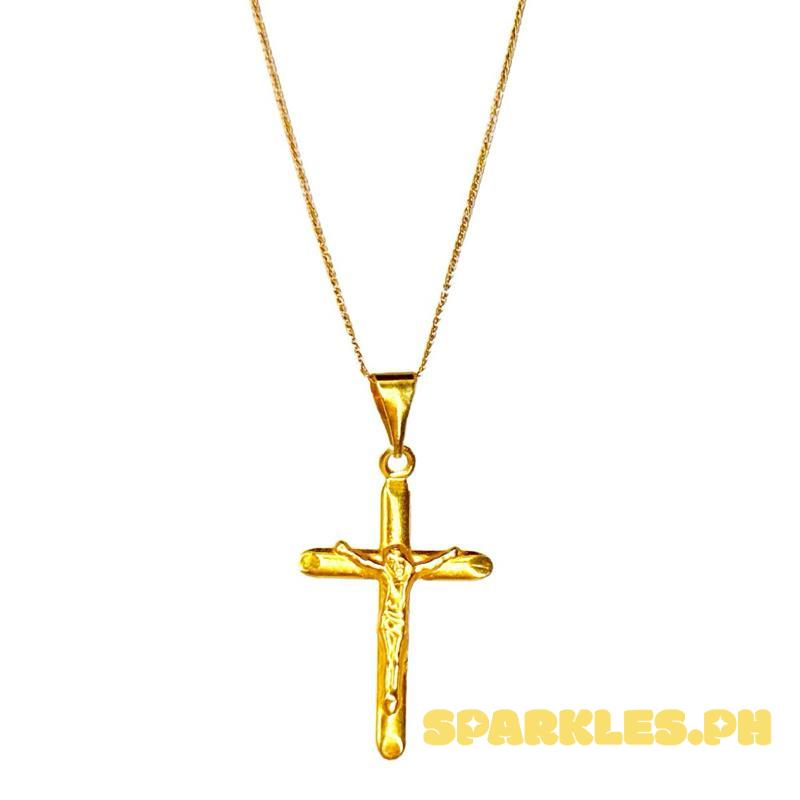 18k Saudi Gold Set Jesus Cross Plain + Foxtail Chain 18”