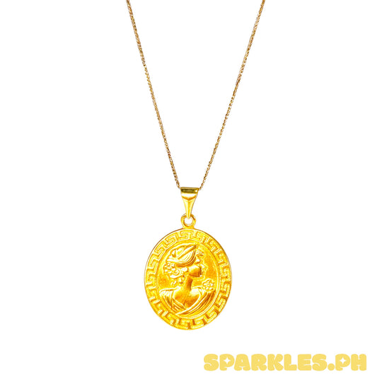 18k Saudi Gold Foxtail Chain 18" + 18k Saudi Gold Fenfen Queen Elizabeth Oblong Pendant