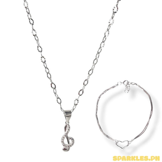92.5 Sterling Silver - Diacut Circle Chain 18" + 92.5 Sterling Silver - Musical Note Pendant + 92.5 Sterling Silver - Double Layer Heart Bracelet