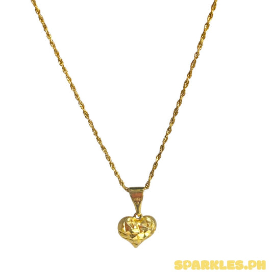 18k Saudi Gold Rope Chain 18" + 18k Saudi Gold Pointed Diacut Heart Buo Pendant