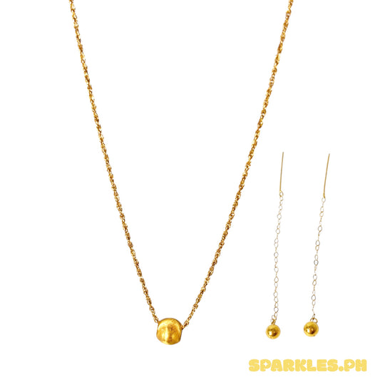 18k Saudi Gold Rope Chain 16" + 18k Saudi Gold - Gold Cat Eye Pendant + 18k Saudi Gold Ball Tiktak Earring
