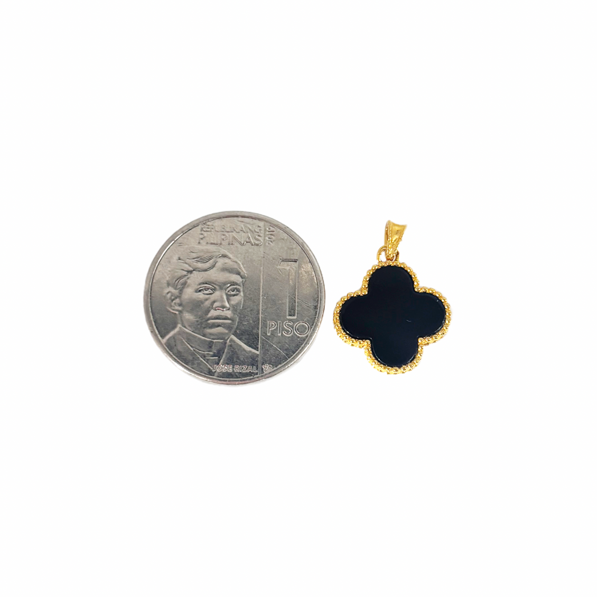 18k Saudi Gold Rope Chain 18" + 15MM FLOWER CLOVER PENDANT - BLACK