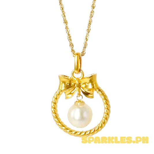 18k Saudi Gold Set Ribbon Pearl HOLLOW + Rope Chain 18"