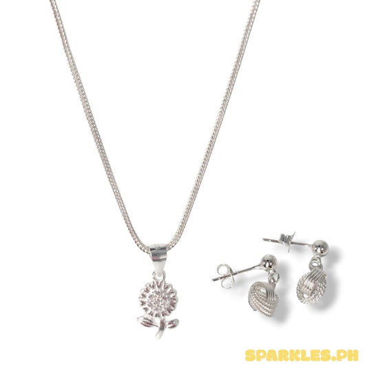 92.5 Sterling Silver - Box Chain 18” + 92.5 Sterling Silver - Sunflower Pendant + 92.5 Sterling Silver - Double Loop Earring