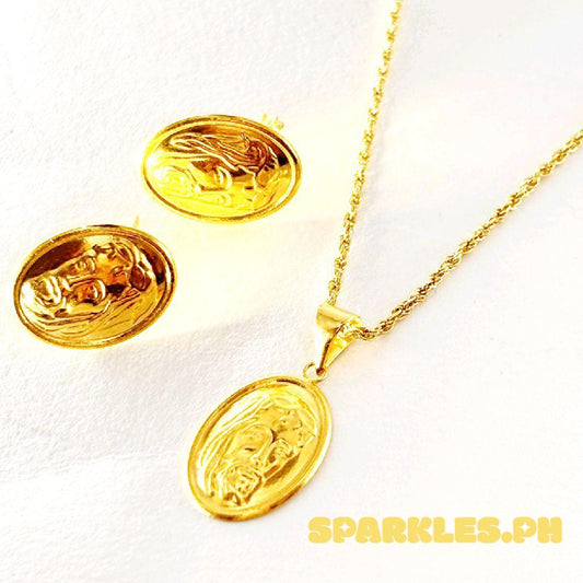 18k Saudi Gold Set Oval Jesus + Rope Chain 18" & Oval Jesus Earrings