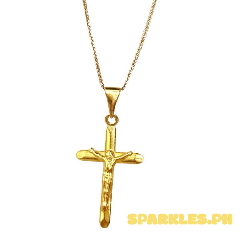 18k Saudi Gold Set Crossplain Jesus Style + Foxtail Chain 18”