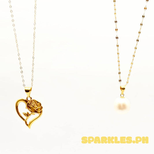 18k Saudi Gold Combo Set Rose Heart + Tauco Chain lv1 & Freshwater Pearl + Dancing Chain
