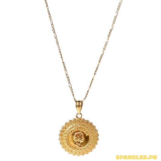 18k Saudi Gold Figaru Chain 20" + 18k Saudi Gold Queen Elizabeth Medallion Pendant