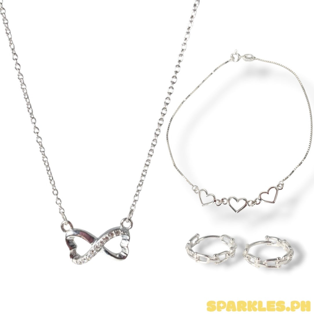 92.5 Sterling Silver - Centered Infinity Necklace + 92.5 Sterling Silver Heart Trio Anklet + 92.5 Silver - U Bar Clip Earrings