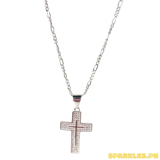 92.5 Sterling Silver - 2mm Figaru Chain 22" + 92.5 Sterling Silver - Moissanite Cross Pendant