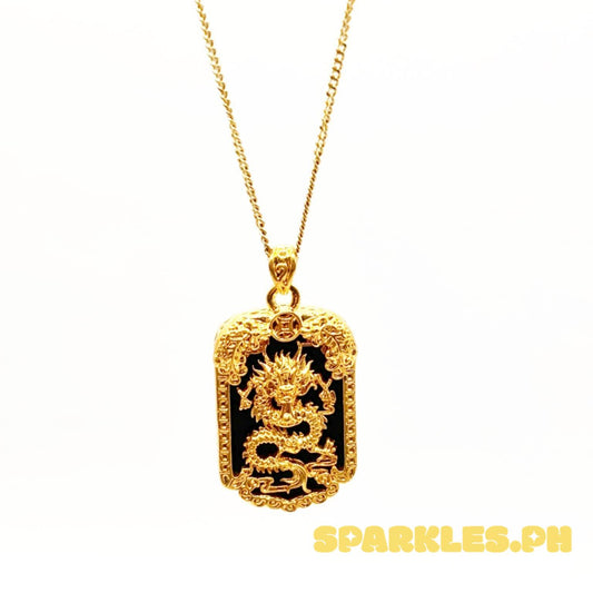 18k Saudi Gold Set Black Bar Dragon HOLLOW + Cadena Chain 20"
