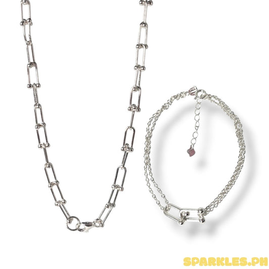 92.5 92.5 Sterling Silver - Double Layer U Bar Bracelet + 92.5 Sterling Silver - U Bar Chain 18