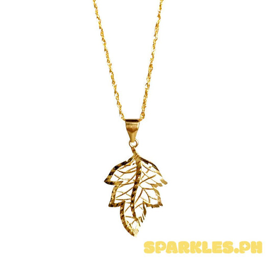 18k Saudi Gold Set Leaf Pendant + Rope Chain 22"