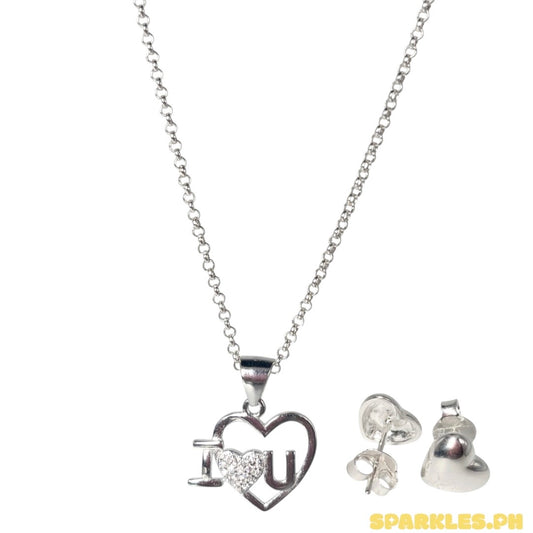92.5 Sterling Silver - Tauco Chain Level 4 + 92.5 Sterling Silver - I Love U Pendant + 92.5 Sterling Silver - Plain Heart Stud Earrings