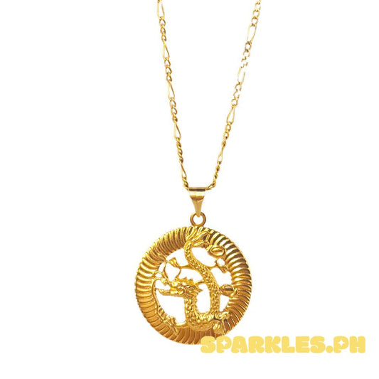 18k Saudi Gold Set Round Dragon + Figaru Chain 20"