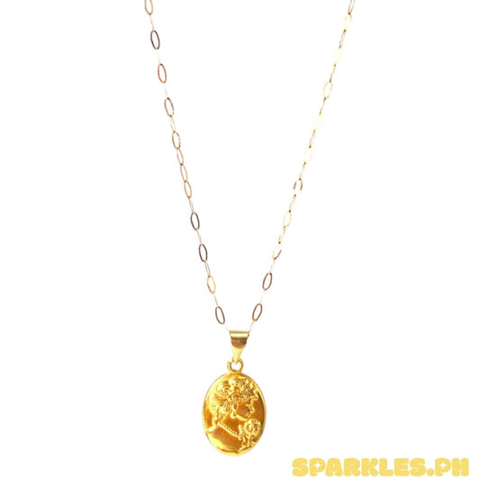 18k Saudi Gold Micro Paperclip Chain 16” + 18k Saudi Gold Queen Elizabeth Oblong Pendant