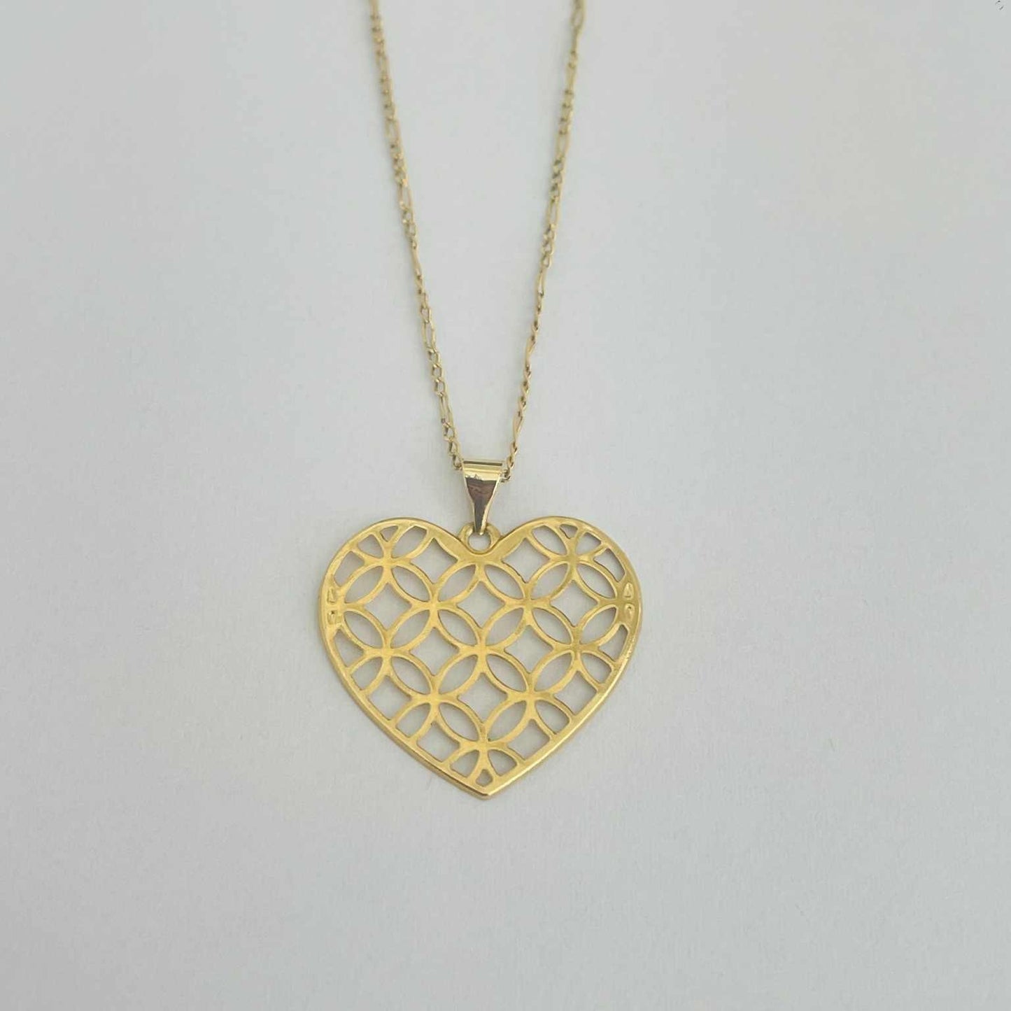 18k Saudi Gold SET Flat Money Catcher Heart + Figaru Chain 16"