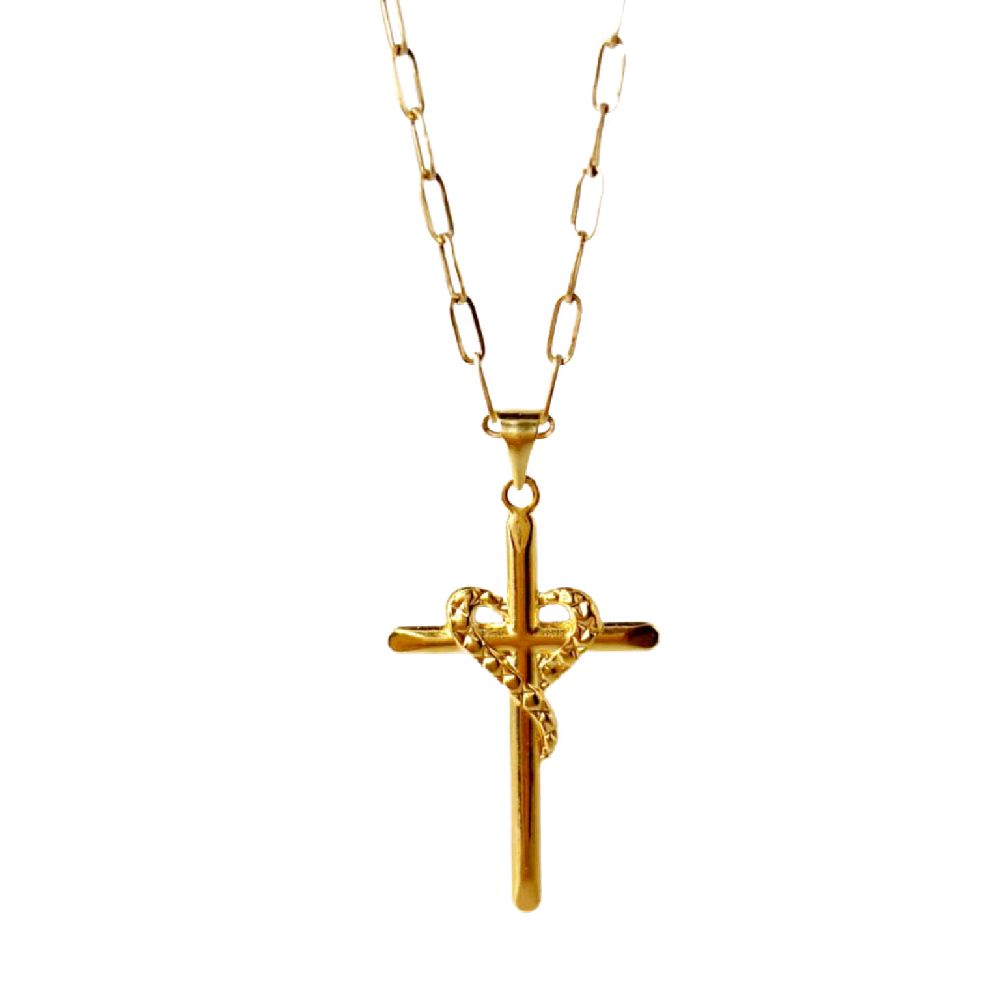 18k Saudi Gold Set DiaHeart Cross + Micro Paperclip Makapal 18"