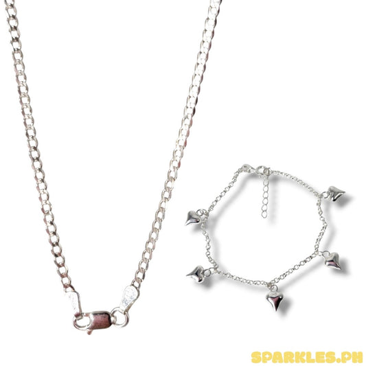 92.5 Sterling Silver - 2mm Cadena Chain 20" + 92.5 Sterling Silver - Station Plain Heart Bracelet