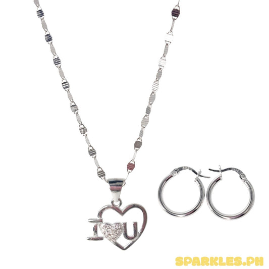92.5 Sterling Silver - Dancing Chain + 92.5 Sterling Silver - I Love U Pendant + 92.5 Sterling Silver - 15mm Plain Clip Earrings