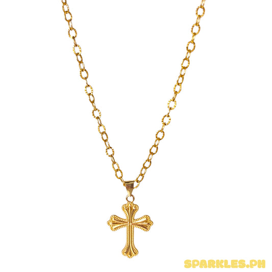 18k Saudi Gold Diacut Circle Chain 18" + 18k Saudi Gold Cursive Cross Style Pendant