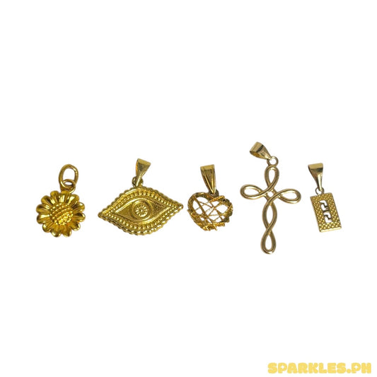 AMPAW/HOLLOW 18k Saudi Gold Sunflower Style Pendant - WR07YNQ + 18k Saudi Gold Solid Evil Eye Pendant + 18k SAUDI GOLD NET HEART PENDANT + 18k Saudi Gold Twisted Cross Pendant + 18k Saudi Gold Fenfen Rectangle Pendant