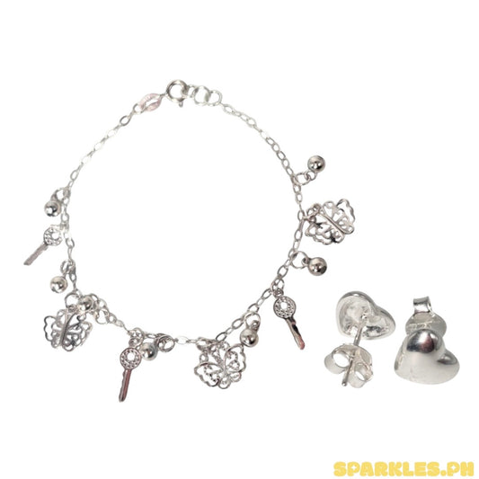 92.5 Sterling Silver - Station Butterfly Key Bracelet + 92.5 Sterling Silver - Plain Heart Stud Earrings