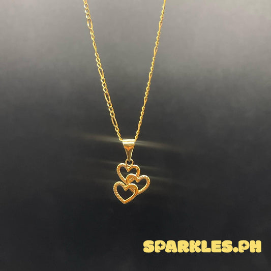 18k Saudi Gold SET Mini Triple Heart + Figaru Chain 16"