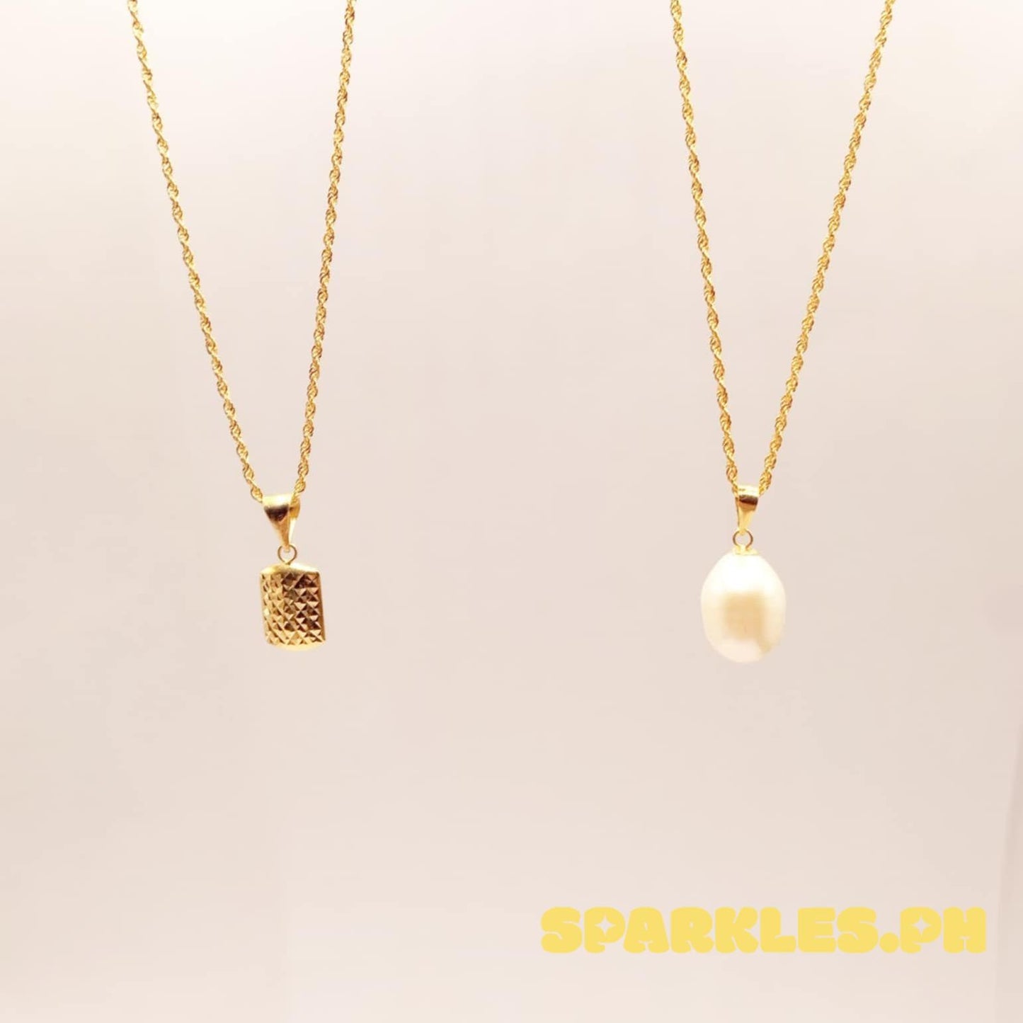 18k Saudi Gold Combo Set Diasquare + Rope Chain 16" & Freshwater Pearl + Rope Chain 16"