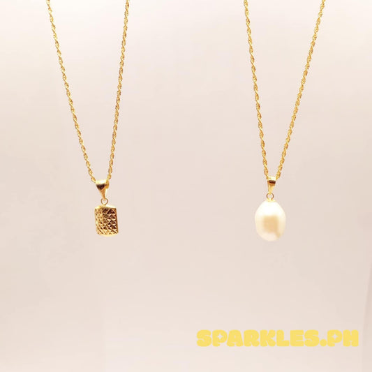 18k Saudi Gold Combo Set Diasquare + Rope Chain 16" & Freshwater Pearl + Rope Chain 16"