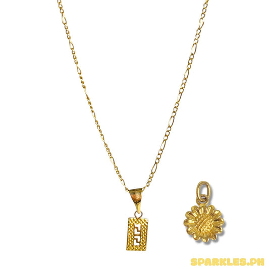 18k Saudi Gold Figaru Chain 20" + 18k Saudi Gold Fenfen Rectangle Pendant + AMPAW/HOLLOW 18k Saudi Gold Sunflower Style Pendant - WR7YNQ