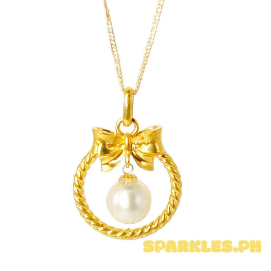 18k Saudi Gold Set Ribbon Pearl HOLLOW + Japan Chain 20"