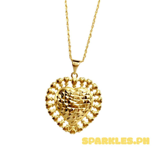 18k Saudi Gold Set Diacut Lace Heart + Rope Chain 16"