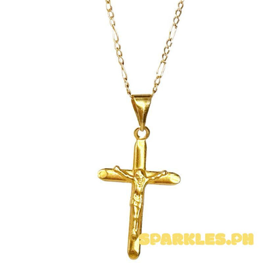 18k Saudi Gold Set Crossplain Jesus Style + Figaru Chain 16”