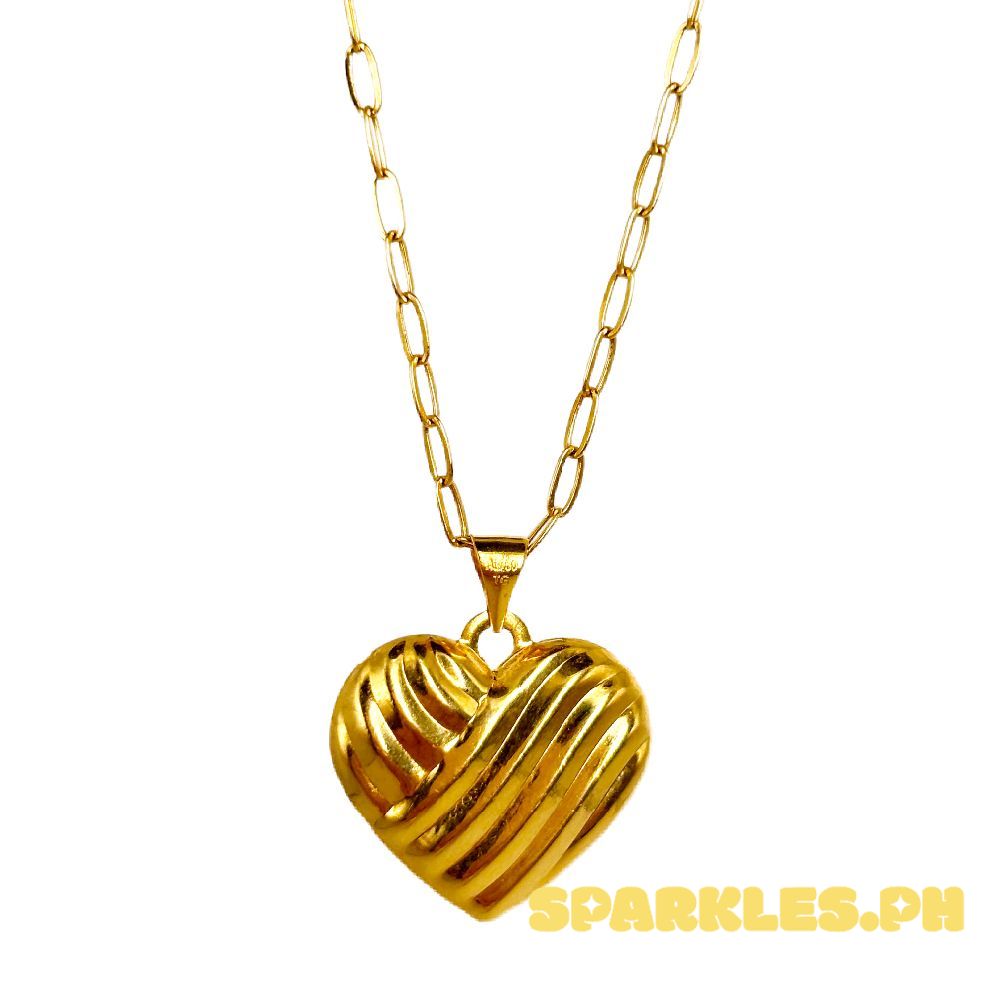 18k Saudi Gold Set Striped Heart + Micro Paperclip Makapal 20"