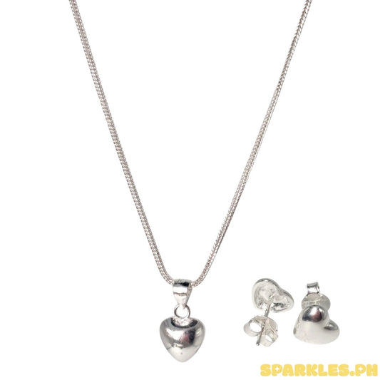 92.5 Sterling Silver - Foxtail Chain 18" + 92.5 Sterling Silver - Puffed Heart Pendant + 92.5 Sterling Silver - Plain Heart Stud Earrings