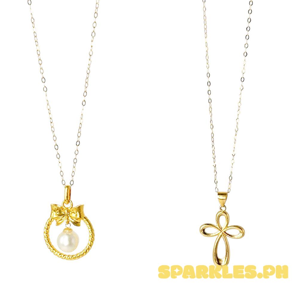 18k Saudi Gold Combo Sets Ribbon Pearl HOLLOW + Tauco Chain lv1 & Loop Cross + Tauco Chain lv1