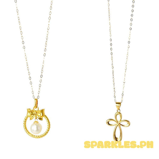 18k Saudi Gold Combo Sets Ribbon Pearl HOLLOW + Tauco Chain lv1 & Loop Cross + Tauco Chain lv1