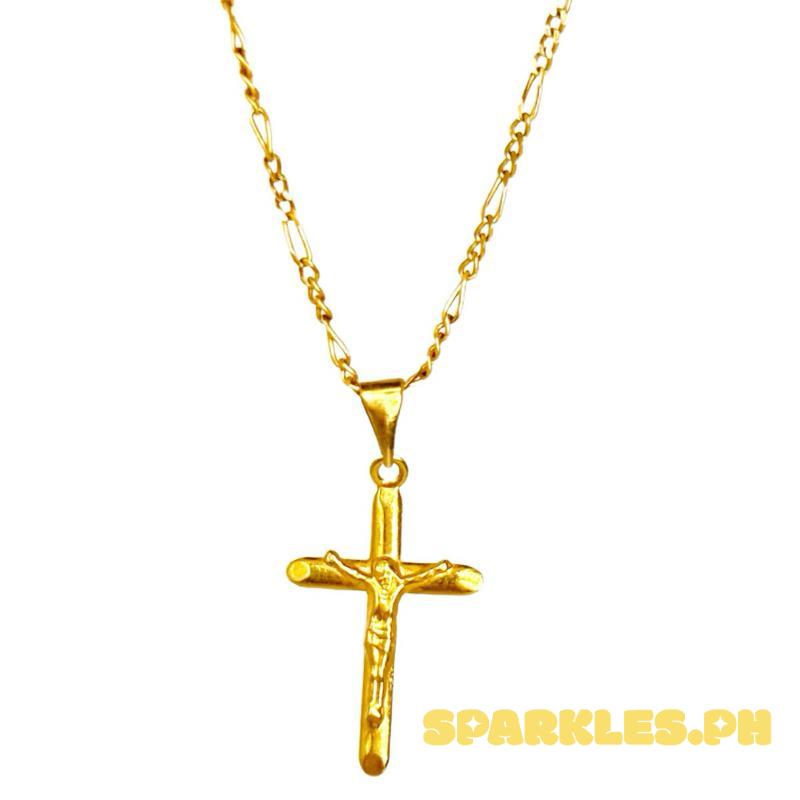 18k Saudi Gold Set Jesus Cross Plain + Figaru Chain 20”