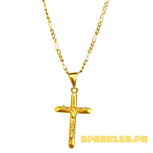 18k Saudi Gold Set CrossPlain Jesus Style + Figaru Chain 18”