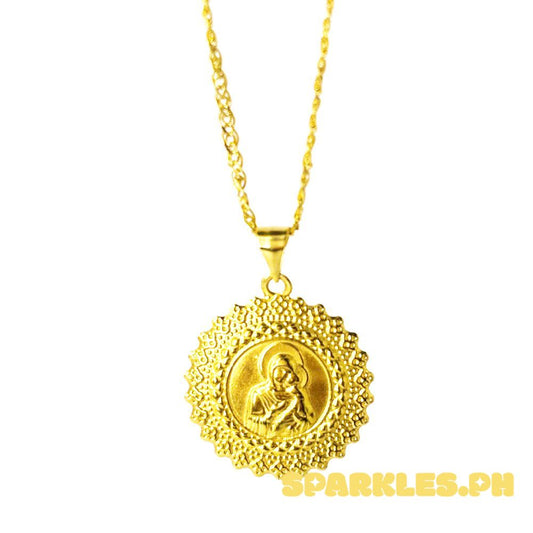 18k Saudi Gold Set Mary & Child Medallion+ Tauco Knot 18" Manipis