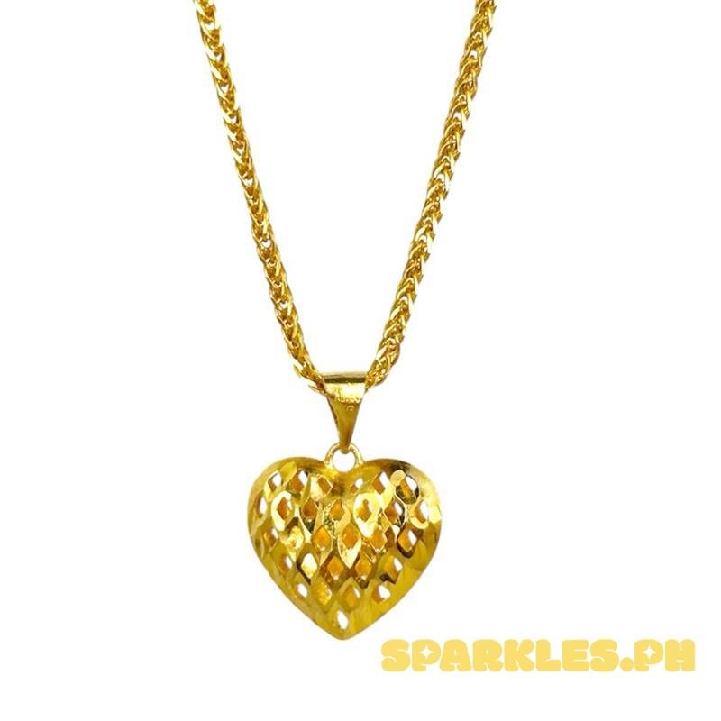 18k Saudi Gold Set Honey Heart + Foxtail Chain Makapal 20”