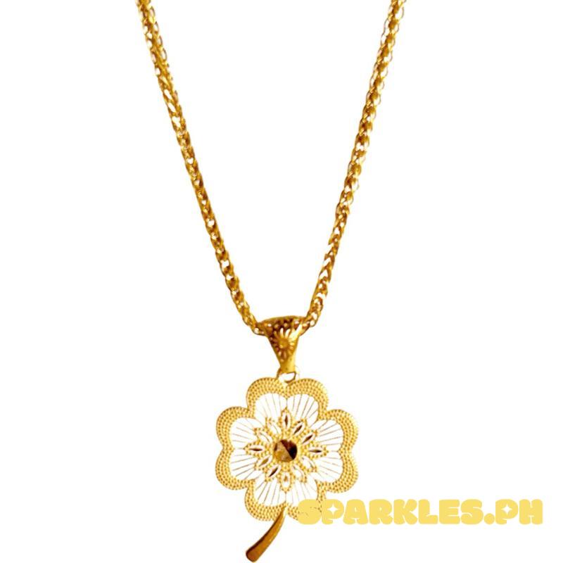 18k Saudi Gold Set Flower Drops + Foxtail Chain Makapal 18”